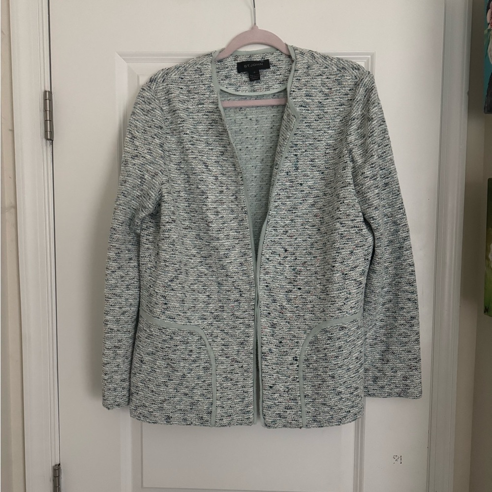 St. John Mint Green & White Tweed Open-Front Blazer Size 16 Boucle Santana Knit